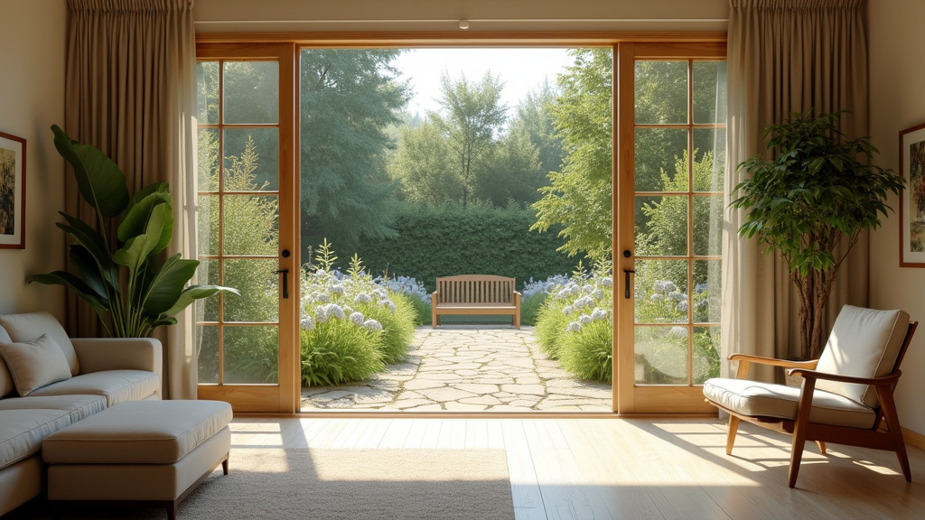 Terrasse aménagée avec mobilier de jardin contemporain, parasol et éclairage d'ambiance
