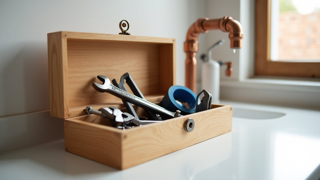 Outils de plomberie professionnels disposés sur établi avec étiquettes