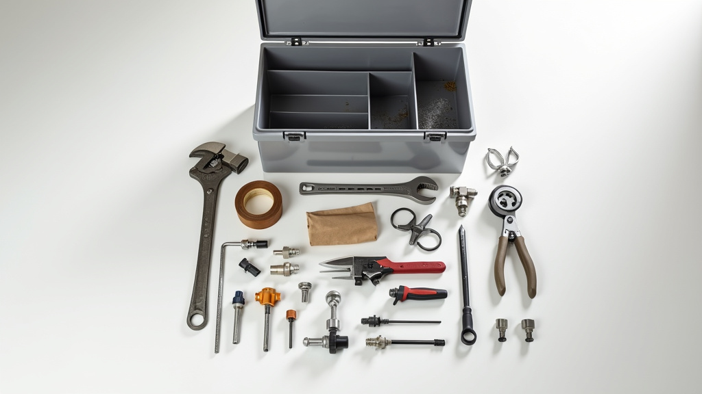 Kit de plomberie complet avec outils variés sur établi de garage