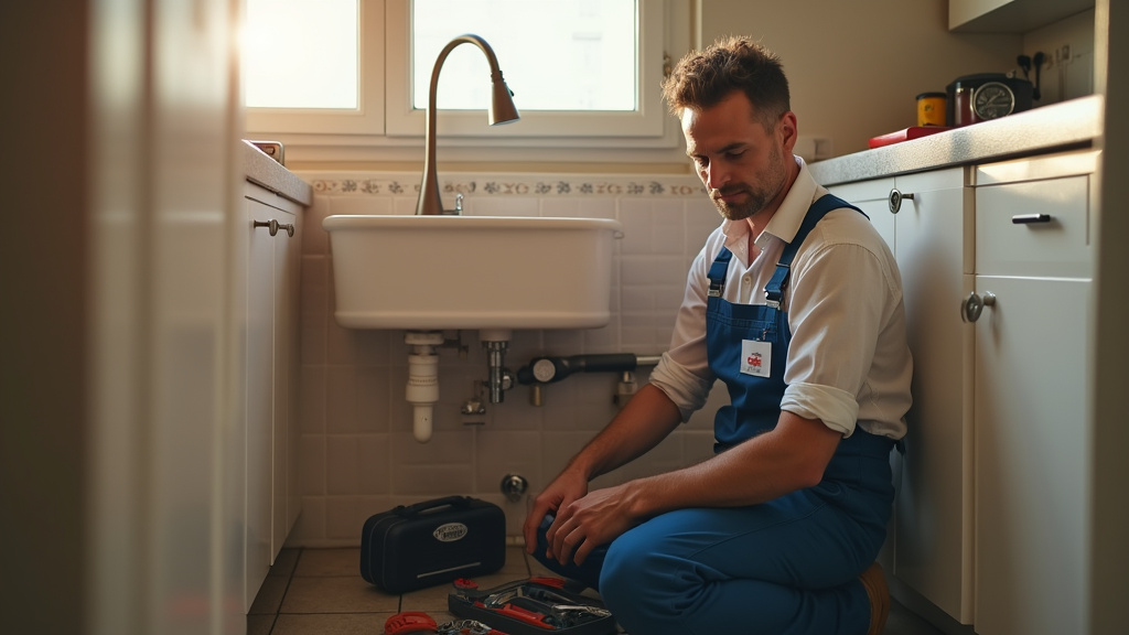 Technicien plombier examinant un problème de fuite dans un appartement moderne à Nice