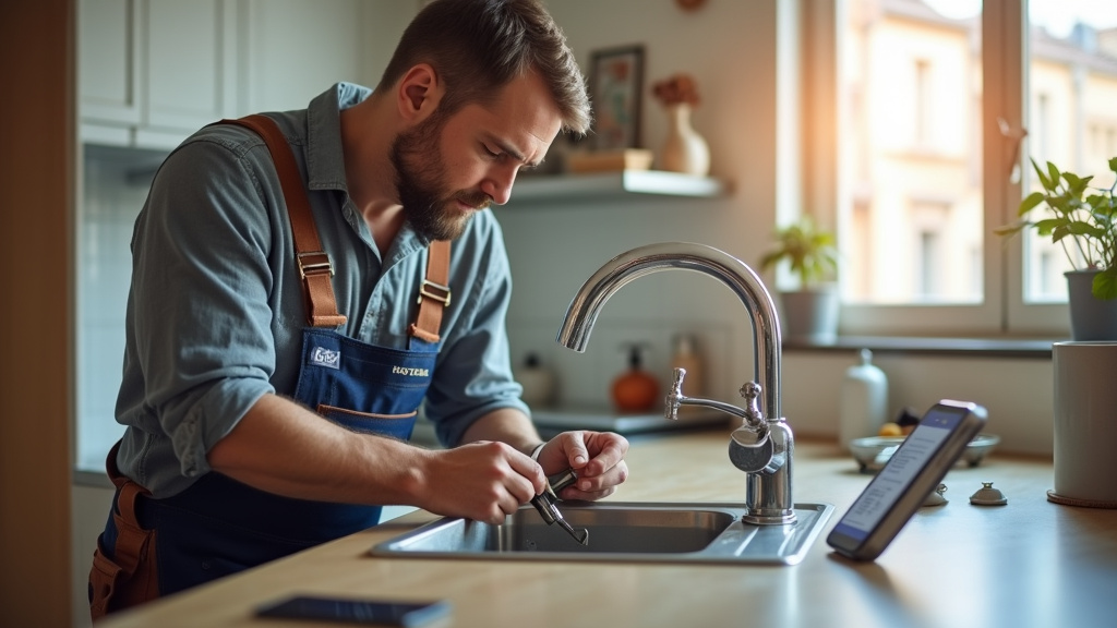 Plombier professionnel intervenant dans un appartement niçois pour réparer une fuite d'eau dans une cuisine moderne