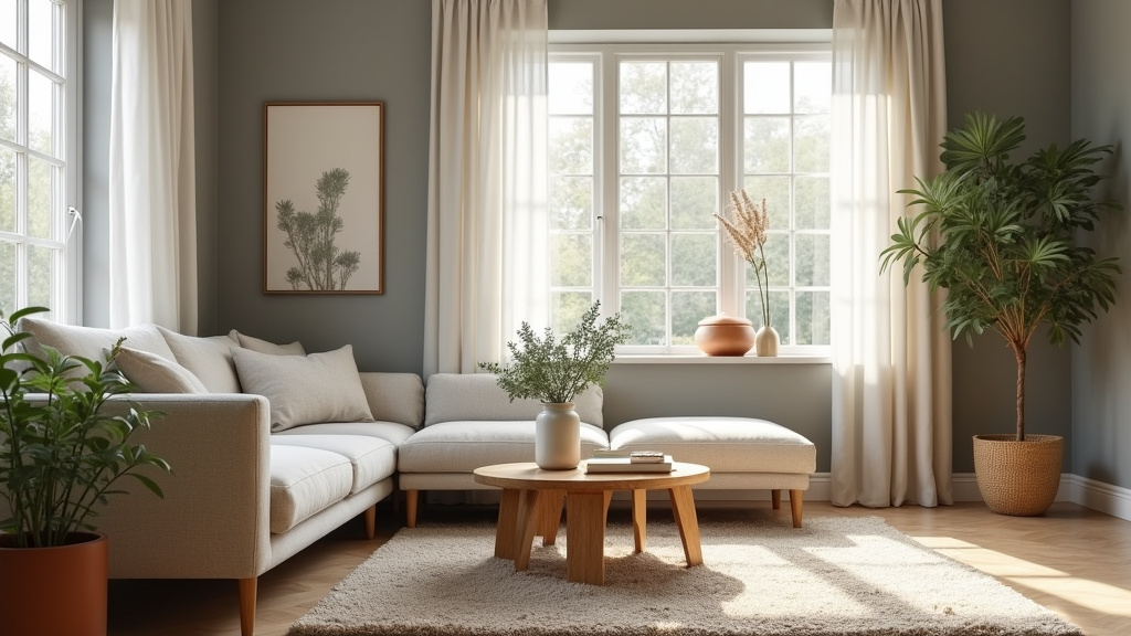 Salon cosy avec canapé en lin tapis naturel et éclairage tamisé