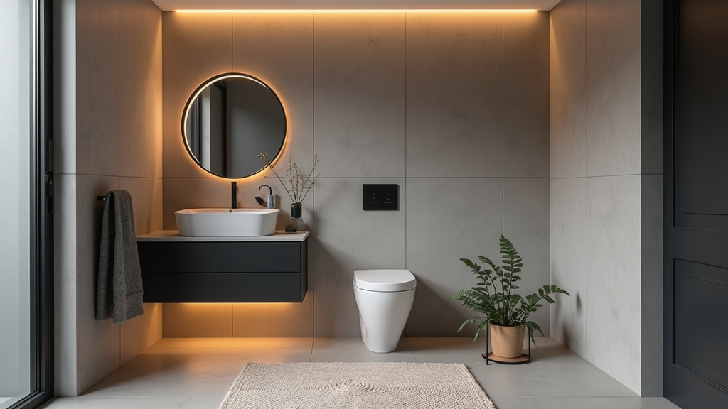 WC suspendu avec lavabo compact et rangements intégrés dans un espace restreint