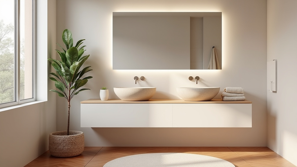 Toilettes modernes avec miroir encadré, étagères murales et papier peint géométrique