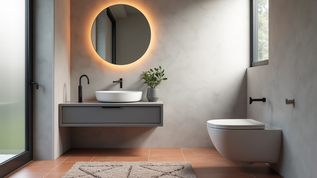 Toilettes modernes avec décoration épurée, miroir rond doré, étagères murales et carrelage géométrique