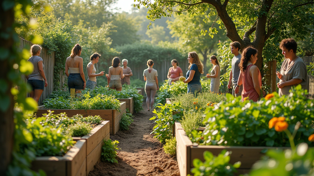 Jardin collectif avec des parcelles individuelles et des espaces communs entretenus par les membres