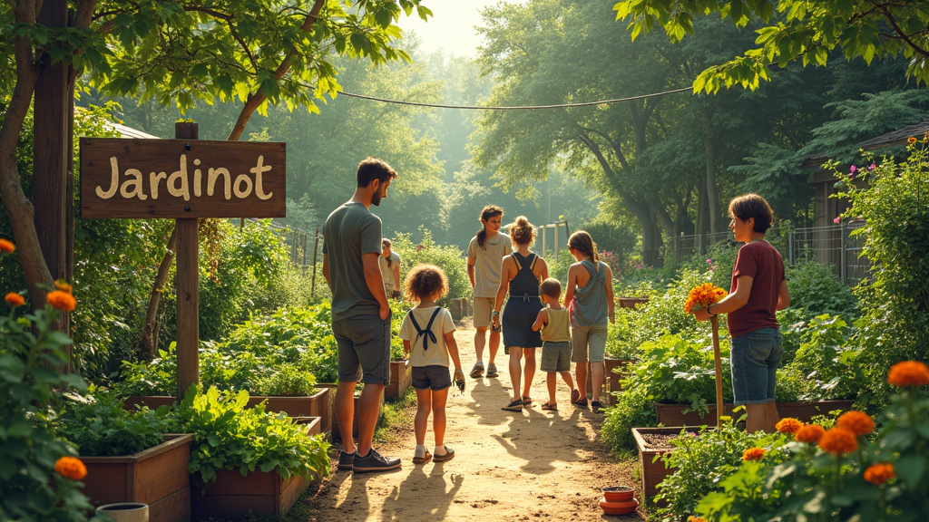 Techniques de permaculture appliquées dans un jardin collectif avec des carrés potagers et du paillage