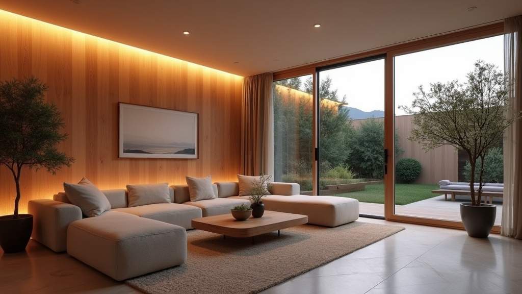 Intérieur moderne harmonieux avec mobilier en bois naturel et éclairage doux