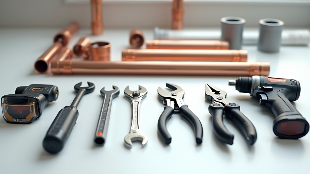 Collection organisée d'outils à main de plombier avec clés, pinces et coupe-tubes