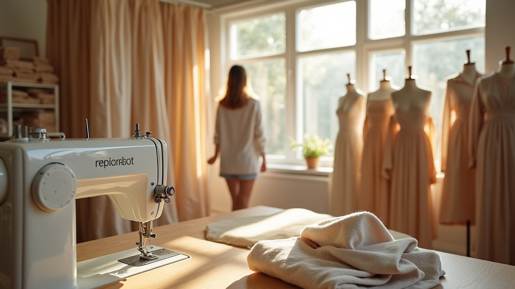 Showroom de Maison 123 avec des vêtements disposés sur des cintres en bois