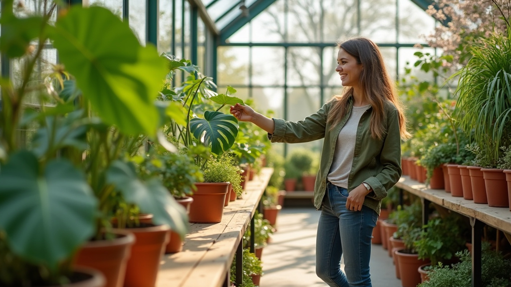 Intérieur d'une jardinerie moderne avec une grande variété de plantes en pot et d'accessoires de jardinage