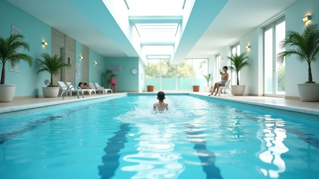 Intérieur du bassin ludique avec boule à vagues et jets d'eau colorés