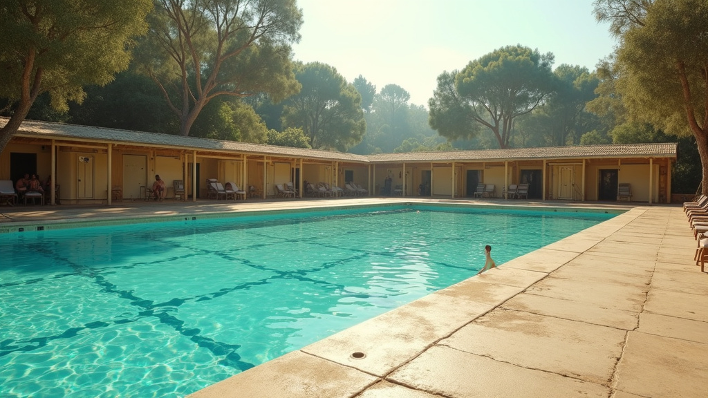 Vue aérienne de la piscine Vallier pendant l'été avec les baigneurs