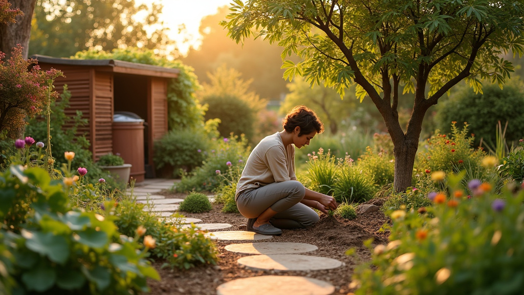 Outils de jardinage durables disposés sur une surface en bois : bêche, râteau, sécateur, arrosoir en métal