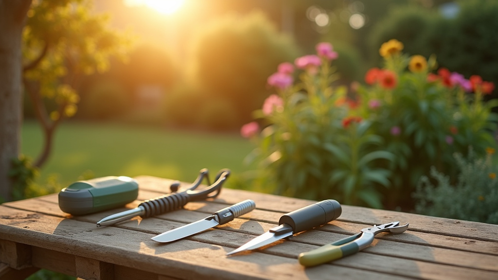 Collection d'outils de jardinage de qualité posés sur une table en bois