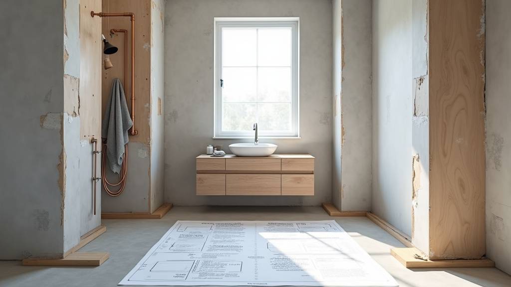 Plan de salle de bain dessiné à la main avec mesures, outils de planification et échantillons de matériaux