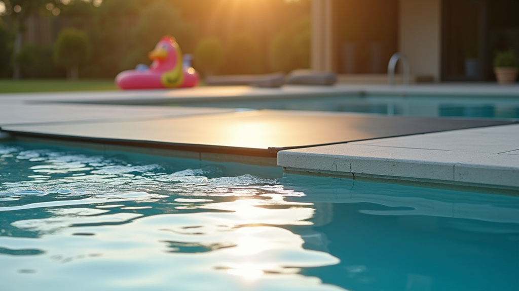 Volet de piscine hors-sol avec banc intégré en bois composite, montrant l'aspect esthétique et fonctionnel