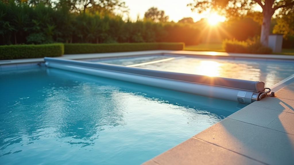 Volet de piscine roulant en position fermée sur une piscine rectangulaire, montrant sa robustesse et son intégration harmonieuse