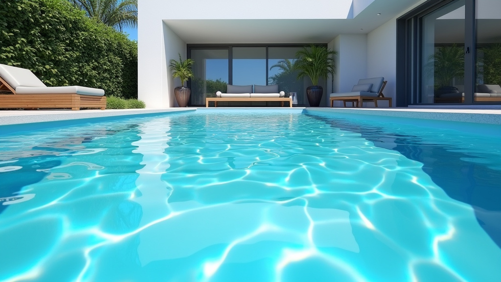 Piscine rectangulaire bleue avec système de filtration visible, vue d'ensemble